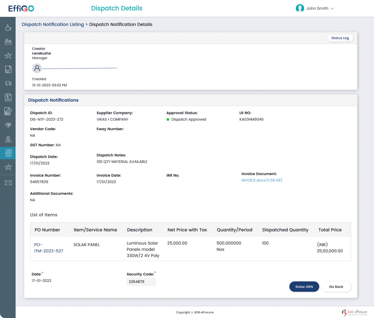 EffiGo Dispatch Details Dashboard